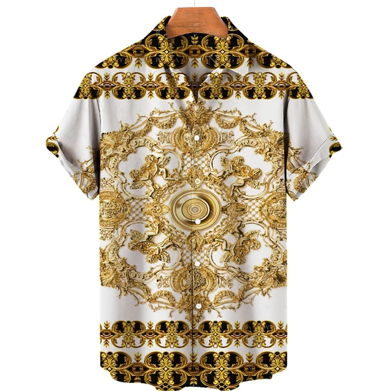 Luxury Baroque Style Shirt For Men Clothing 3D Printed Hawaiian Beach Shirts Short Sleeve Y2k Tops Vintage Lapel Man Clothes