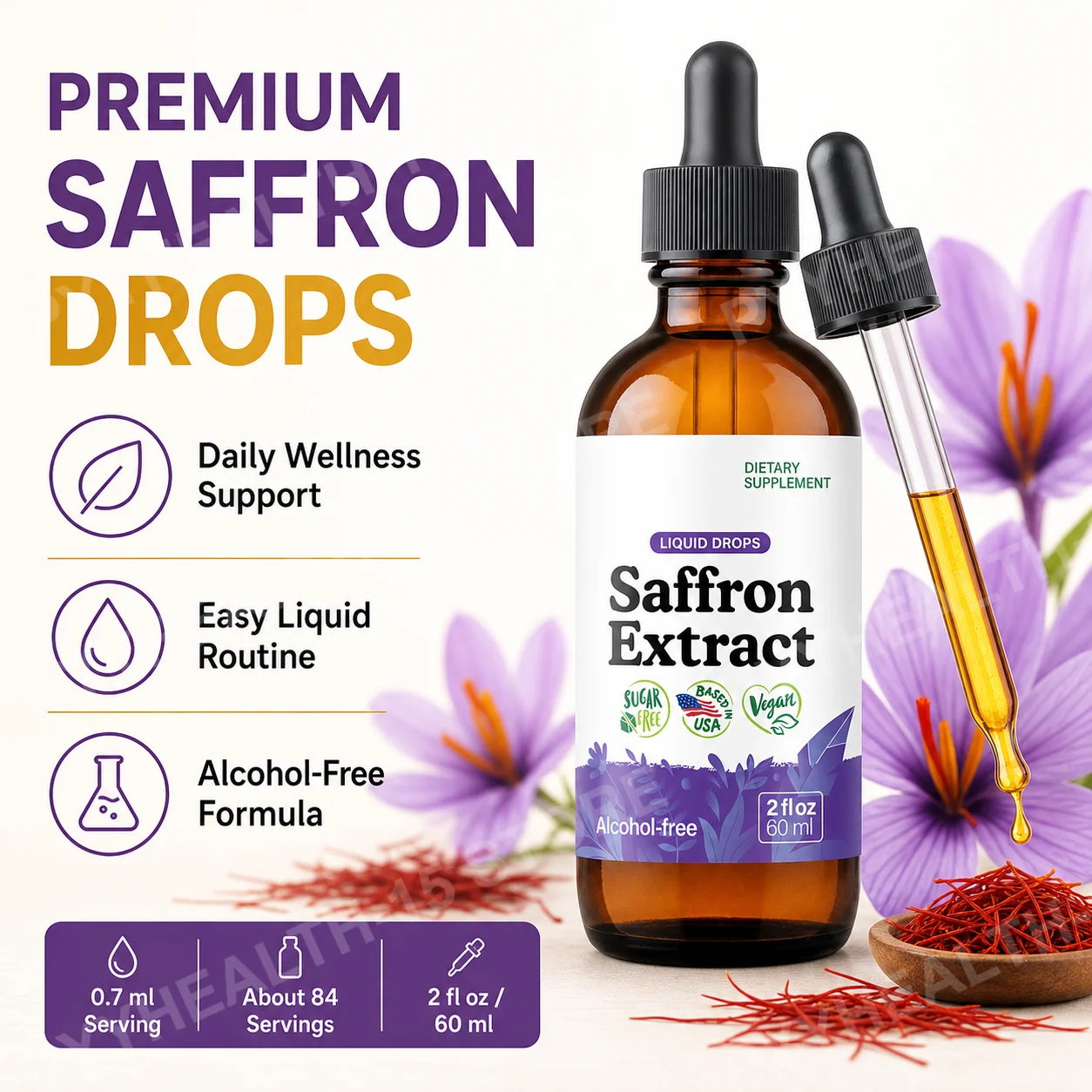 Saffron Supplements 88.5mg - Mood Focus & Eye Support , Saffron Extract Liquid Drops , Mix with Tea , Vegan Alcohol-Free, 2 Oz