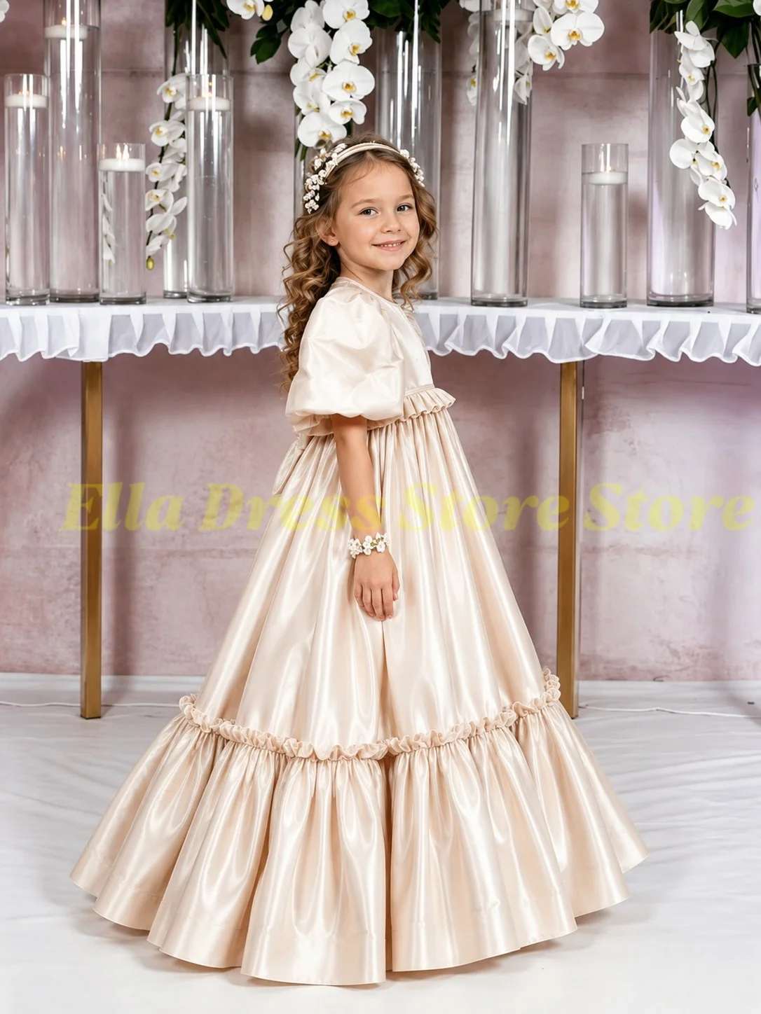 Maßgeschneiderte Großhandels-Satin-Kleider für die Erstkommunion, Ballkleider, Blumenmädchenkleider für Hochzeiten, Hochgeschnittene Mädchen-Geburtstagskleider – Detail 2