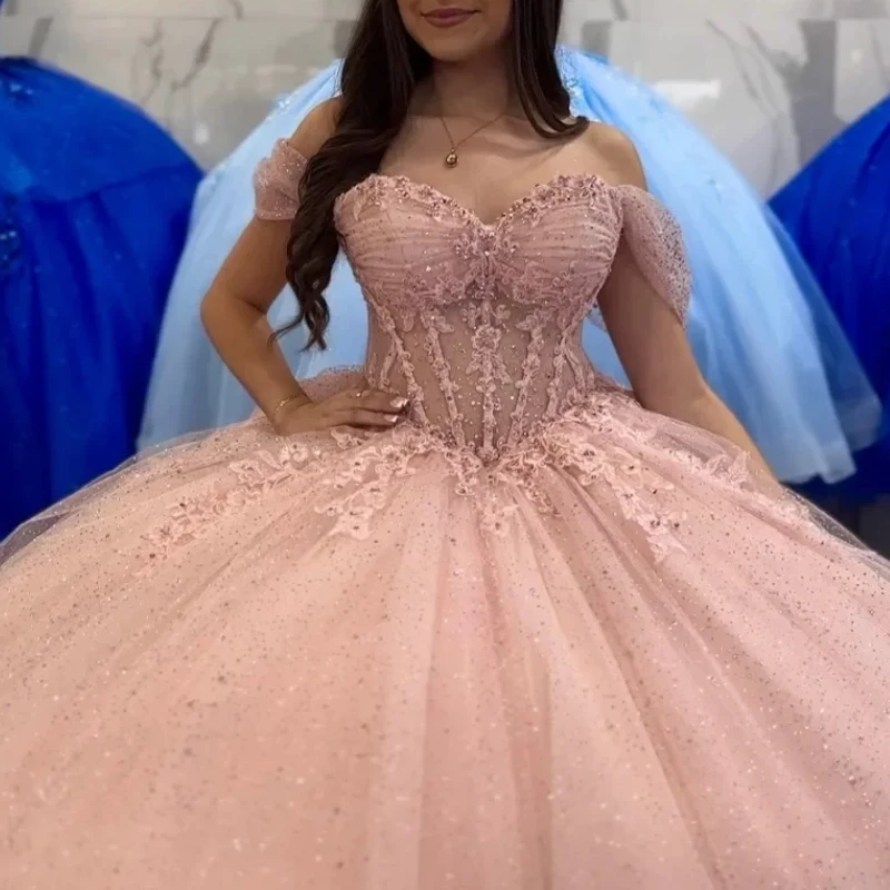 Pink Shiny Princess Quinceanera Dresses Ball Gown Luxury Off The Shoulder Applique Beads Tull Corset Sweet 16 Dress Vestidos 15