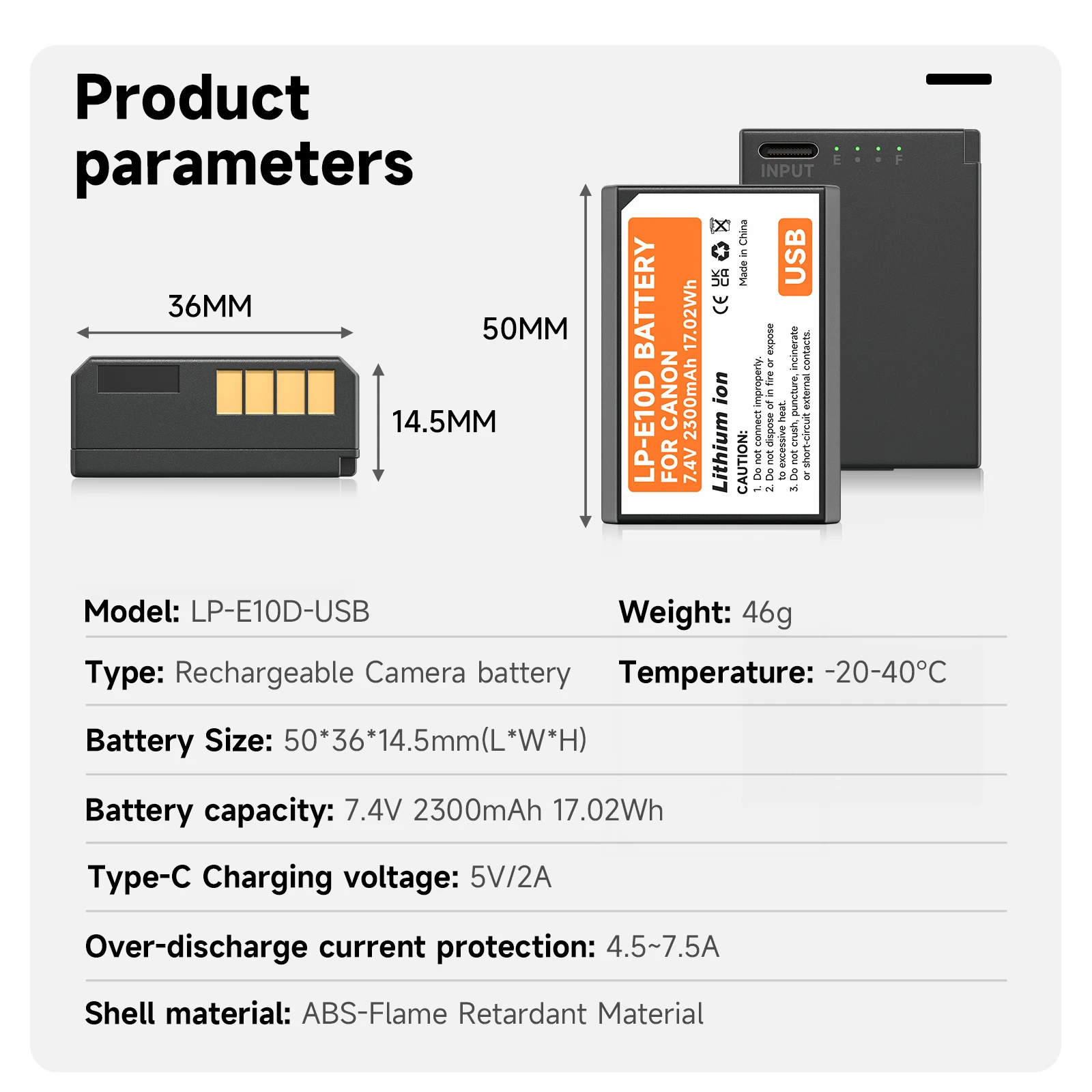 PALO LP-E10 LPE10 LP E10 USB Battery for Canon EOS 1100D 1200D 1300D Kiss X50 X70 X80 Rebel T3 Camera, 2300mAh, USB charging