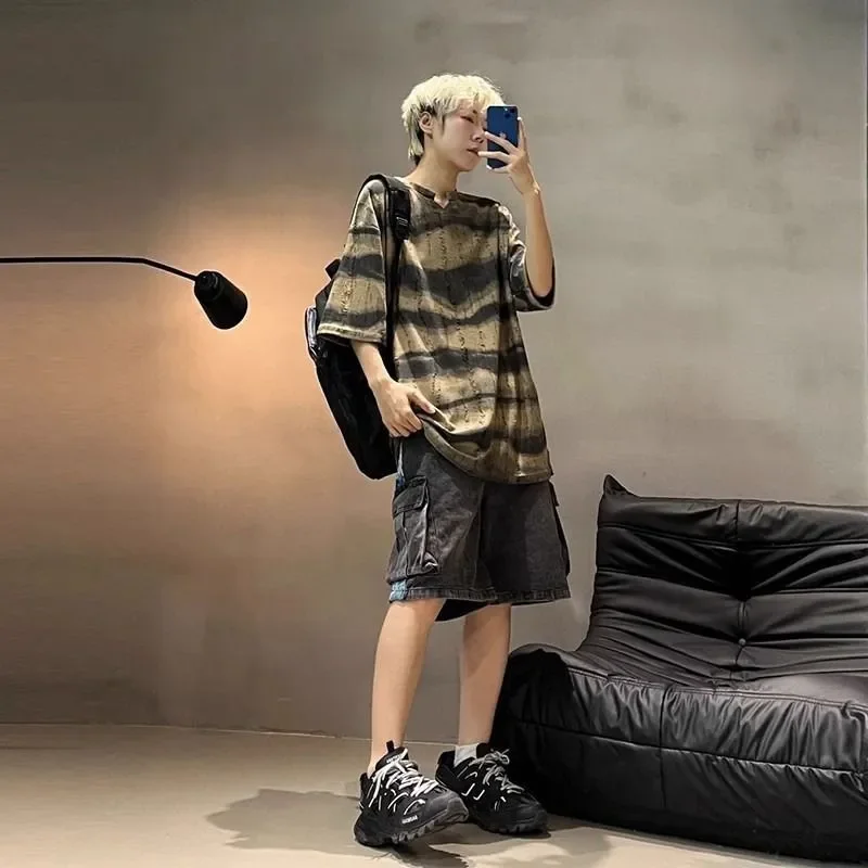 Men's Camouflage Print Loose Fit V Neck Short Sleeve T Shirt Casual Summer Daily Wear Top