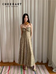 CHEERART Strapless Backless Long Evening Dress 2024 Women Summer Brown Tunics A Line Midi Dress Designer Ladies Clothes