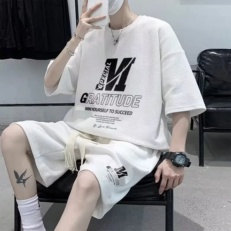 Summer Oversized Men's Set Trendy Printed T-shirts and Shorts Waffle 2-piece Set Men Clothing Factory Direct Wholesale Price New