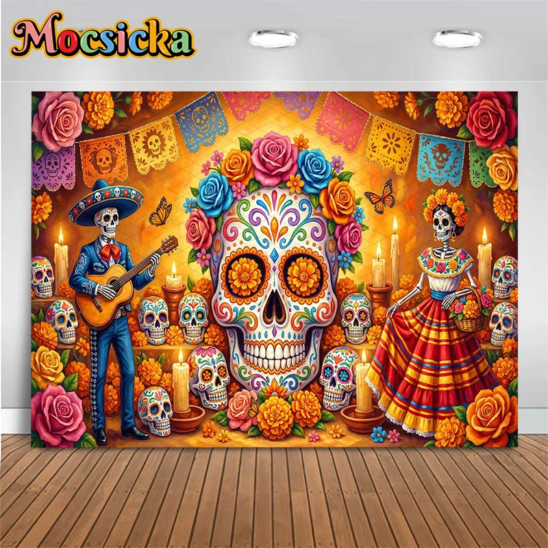 Mocsicka Day Of The Dead Photo Background Large Calavera Skull Flower Skeleton Man Woman Fiesta Mexican Kid Party Booth Backdrop
