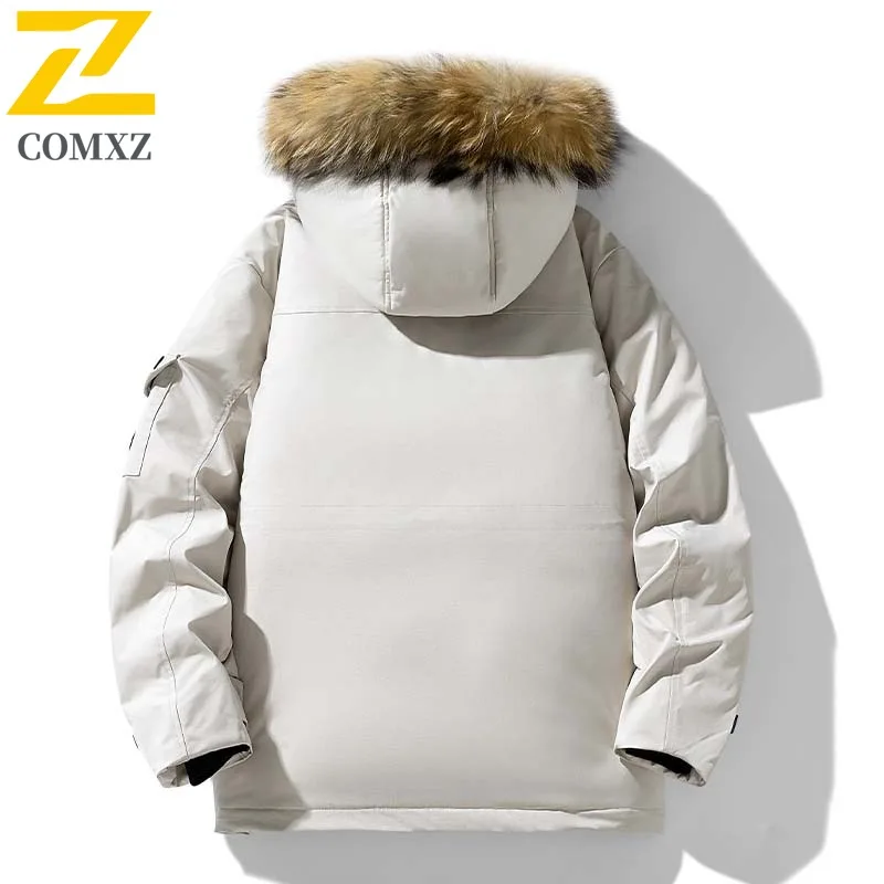 COMXZ Winter Down Jacket Men Women High-quality Camo Fluffy Fur Collar White Duck Down Parka Coat Casual Thermal Puffer Jacket