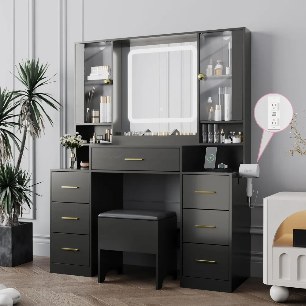 

Makeup table with LED lights, mirror and chair, 7 drawers and 2 RGB cabinets, black makeup table with power board