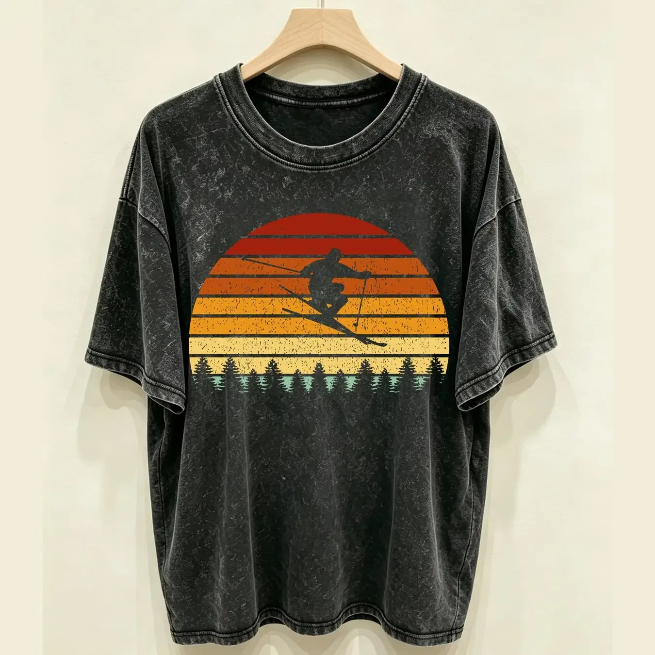 washed T Shirt Vintage Sunset Skiing Sport Skiers Long Sleeve or short sleeves vintage Washed homme streetwear fashion