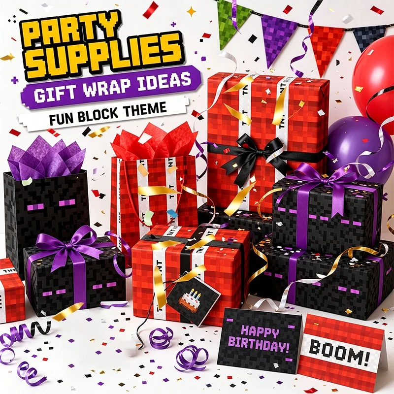 Pixel Art Wrapping Paper Shiny Happy Birthday Party Decoration Supplies Gift Wraps Creative Cube Shaped Ornaments Grid Patterns