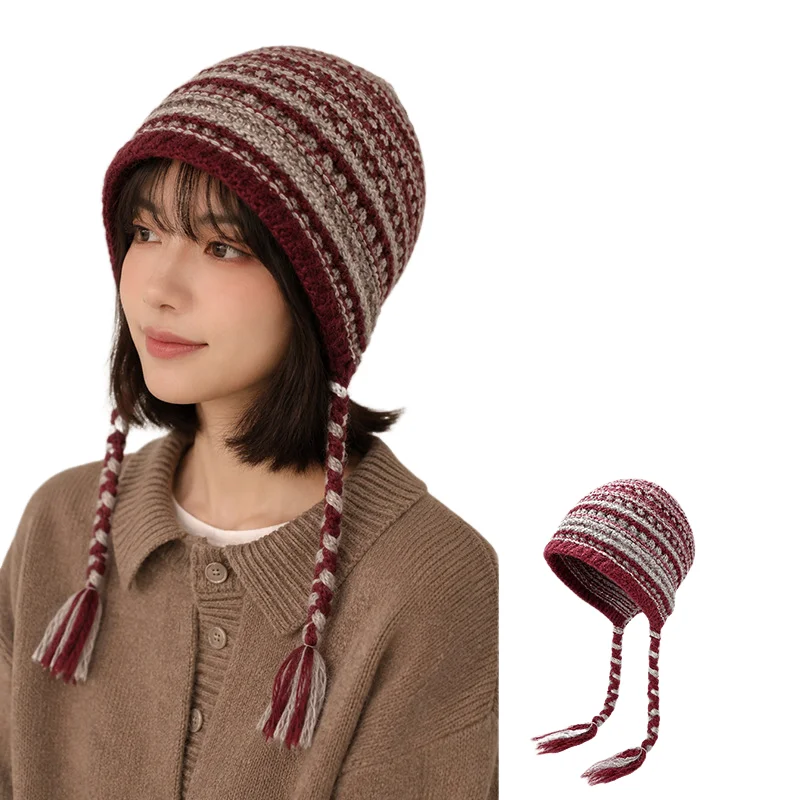 Winter Vintage Trapper Aviator Hat for Women Earflap Warm Wool Blended Knitted Hat Ear Protection Outdoor Skiing Protectors Hats