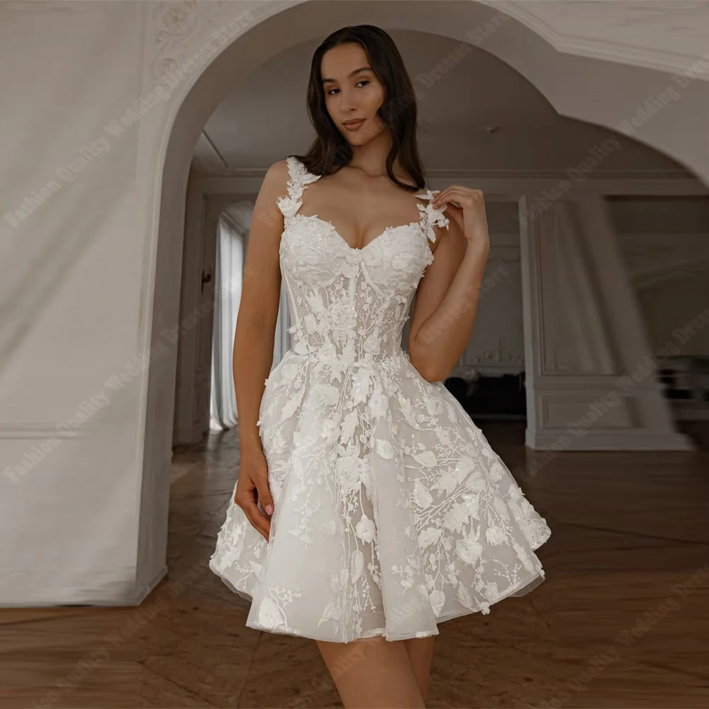 

Luxury Short Mini Wedding Dresses For Women Lace Floral Appliques Bridal Gowns Sexy Glitter Vestidos De Novia Banquet Customized