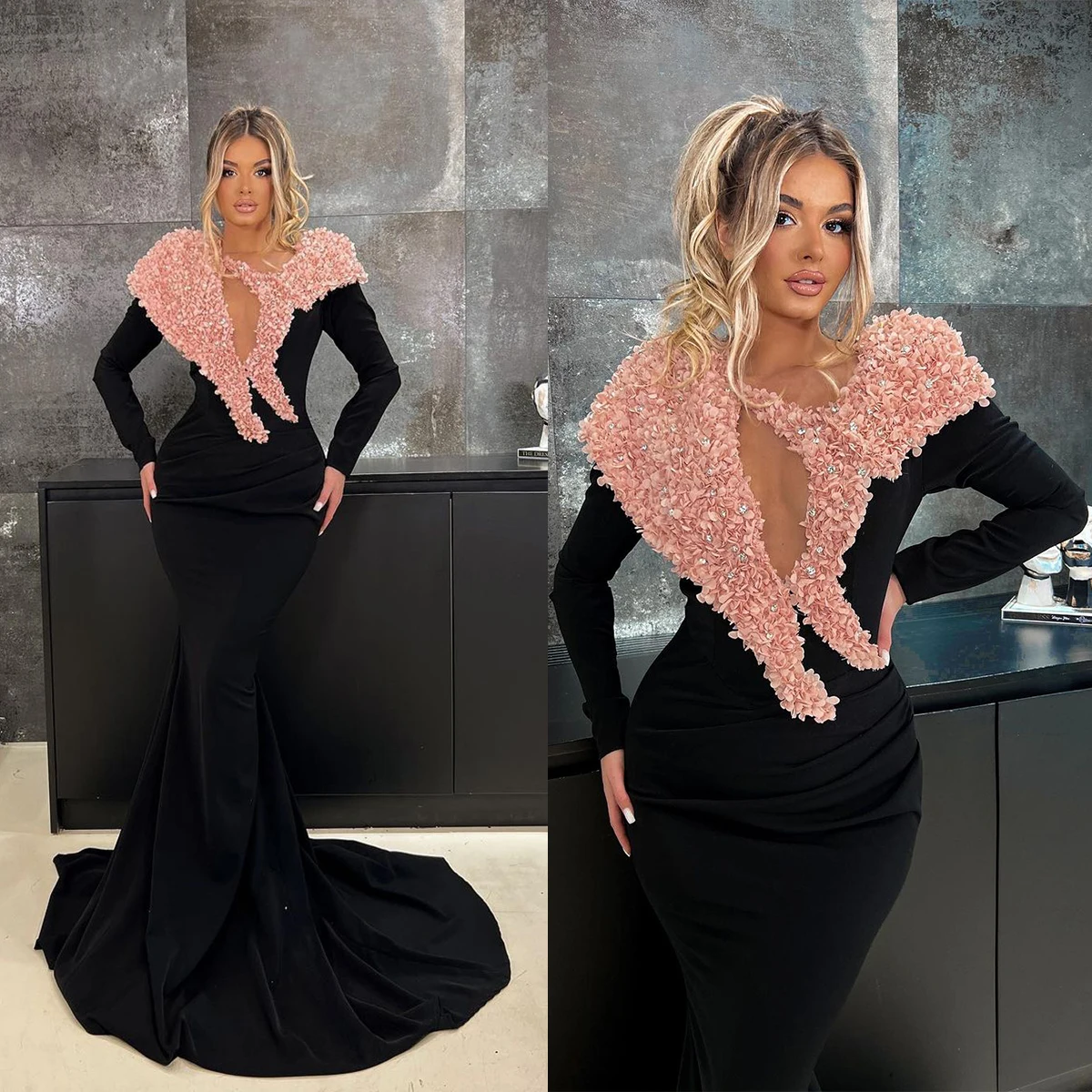 

Black Mermaid Evening Dress Pink Flowers Appliques Long Sleeve Prom Gowns Sweep Train Special Occasion Wear