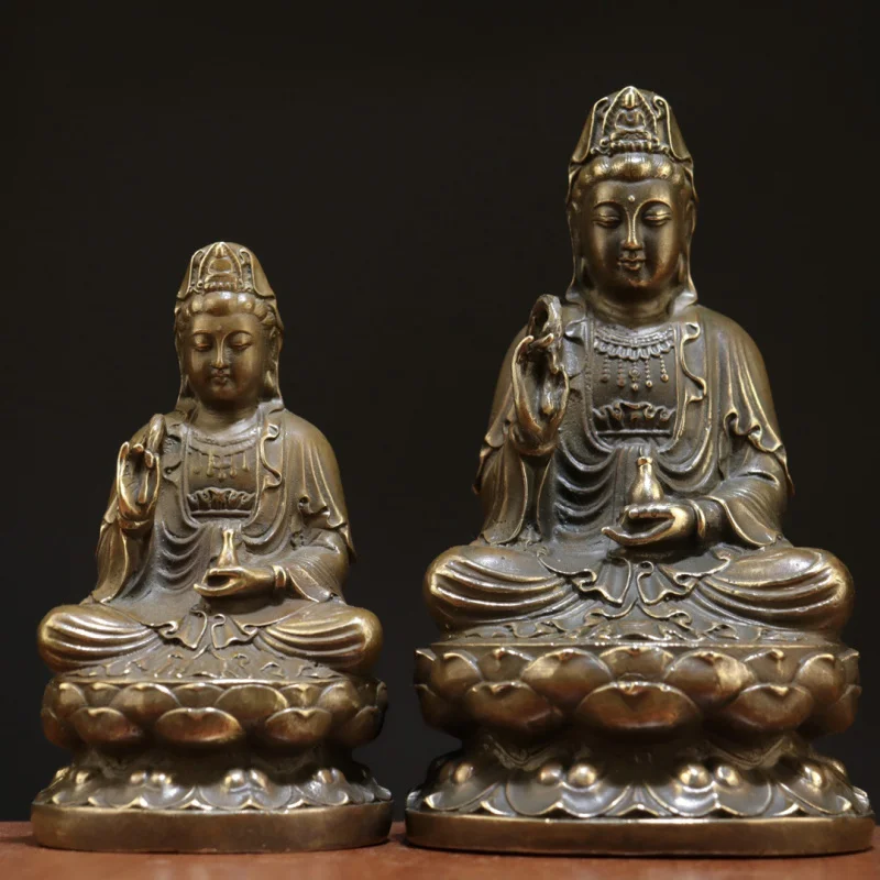 

Antique Copper Bodhisattva Sitting On Lotus Pure Bottle Willow Branch Brass South Sea Guanyin Home Worsh