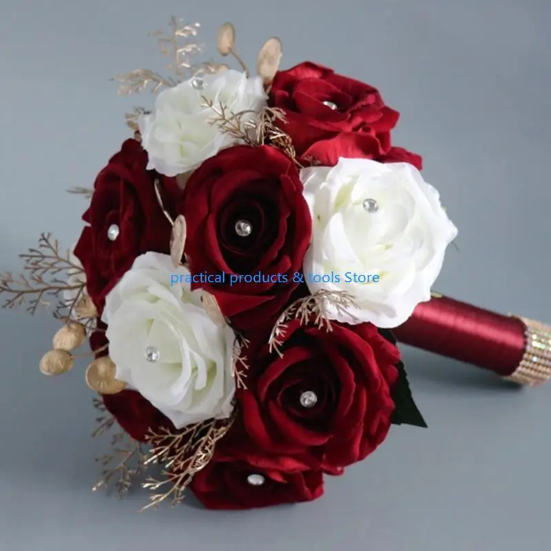 77JB الزفاف باقة زهرة رومانسية باقة الاصطناعية الأبيض والنبيذ زهور الوردة الدعائم الفوتوغرافي للعروس يوم باقات الزفاف العروس #4