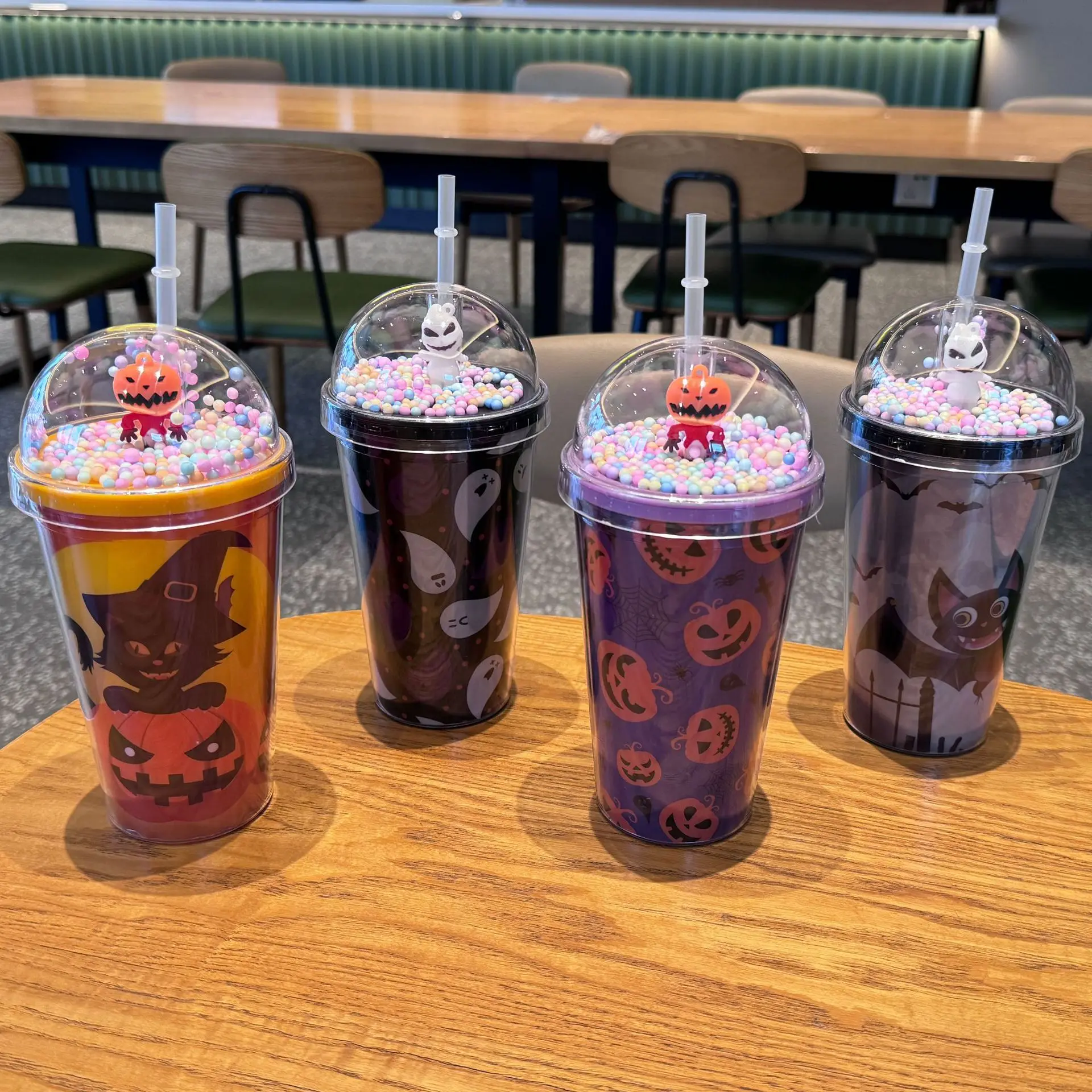 Halloween Ghost Festival plastic water cup, double-layer micro landscape plastic straw cup, milk tea cup