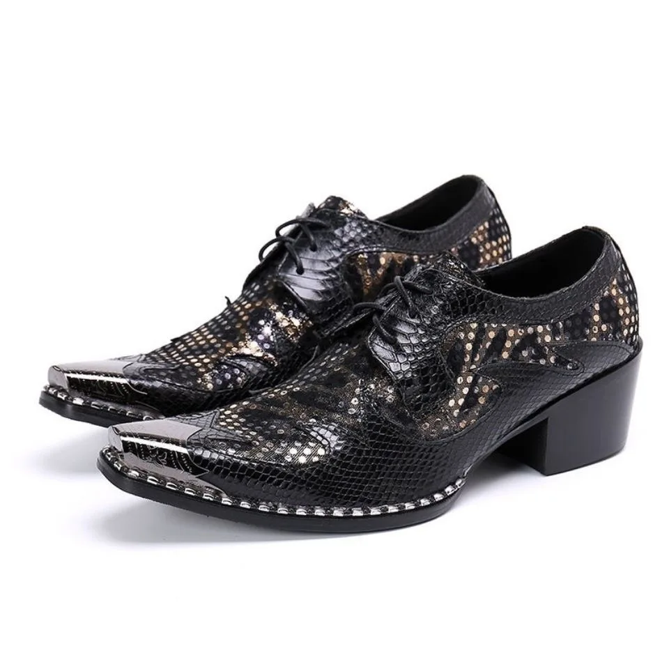 

Men's Leather Derby Oxfords Shoes Classic Lace-up Low Top Pointed Toe Embossed Block High Heel Business Wedding Dress Shoes