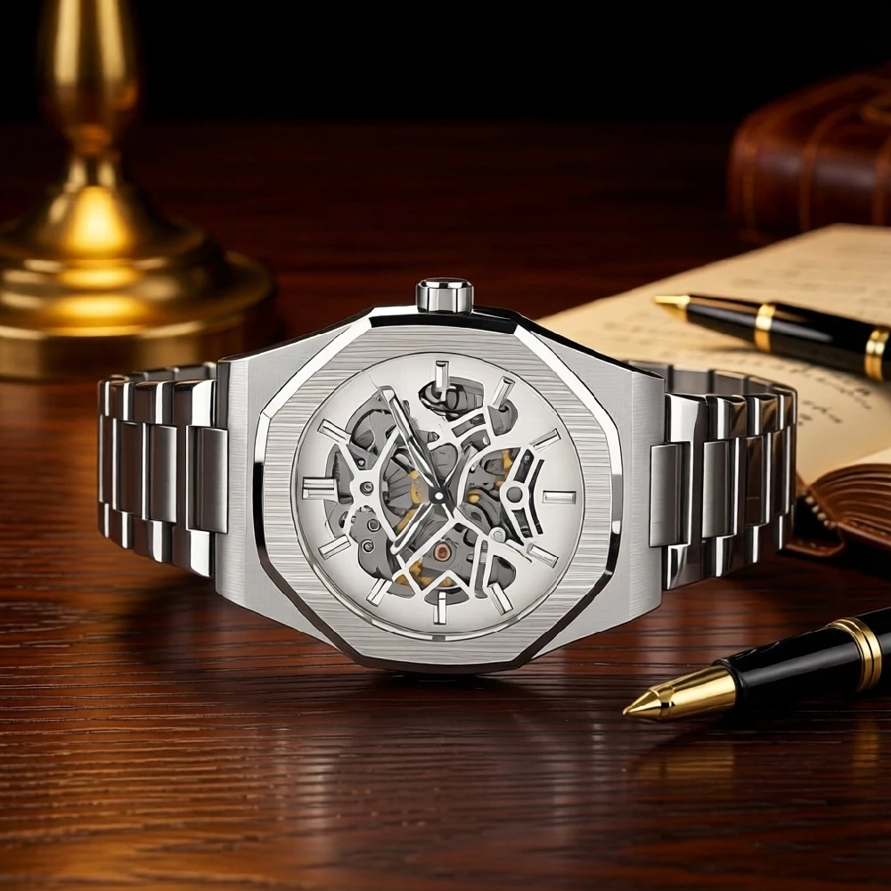 FORSINING Skeleton Mechanical Watch Men Octagon Self-Winding Automatic Stainless Steel Band Designed for Casual & Formal Wear