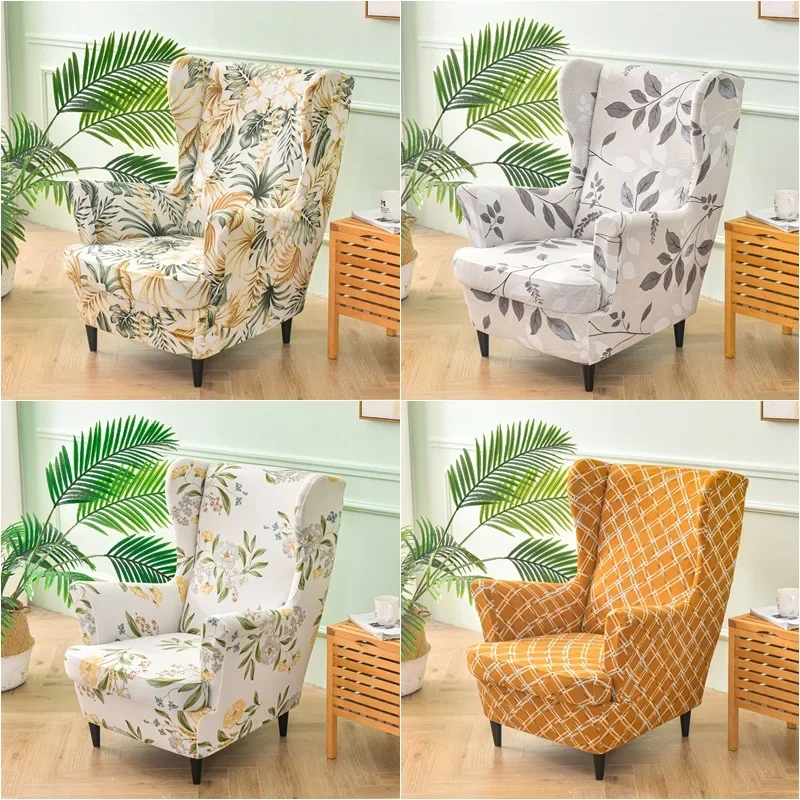 Flowers Printed Wing Chair Cover Stretch Spandex Armchair Covers Relax Elastic Wingback Chair Slipcovers with Seat Cushion Cover