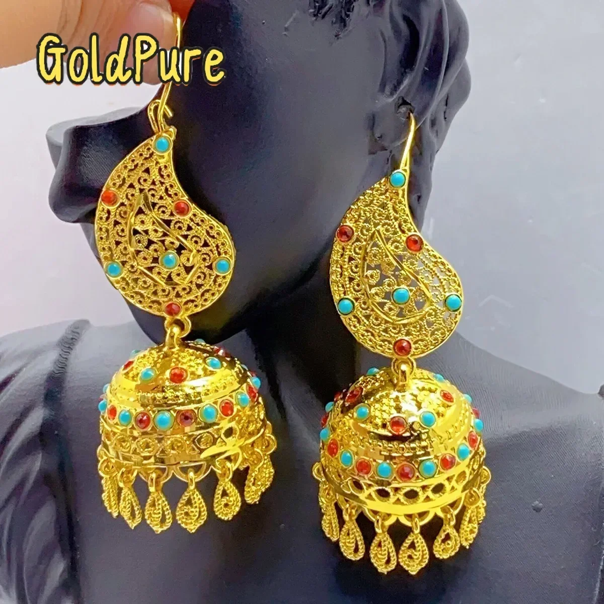 

Серьги Goldpure для женщин, 9999 пробы, 24K, из настоящего золота, новые, в этническом стиле, индийские, для невесты, висячие, свадебный подарок (Нигерия)
