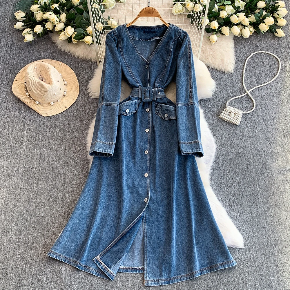 

Французское винтажное джинсовое платье с V-образным вырезом для женщин, весна 2026, однобортное, с завязками на талии, длинное, повседневное, шикарное, макси-юбка