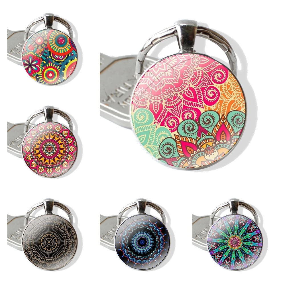 Blue totem mandala flower 25mm Glass Cabohcon Keychain Key Rings for Women Men Jewelry Gift