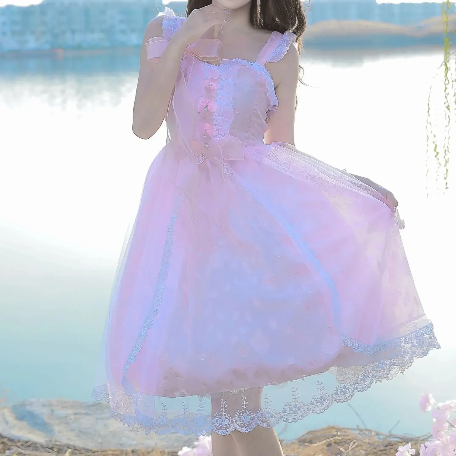 Coalfell [الجاكار الوردي] التصميم الأصلي لطيف وحلو لوليتا منتفخ فستان حزام JSK فستان جنية المرأة