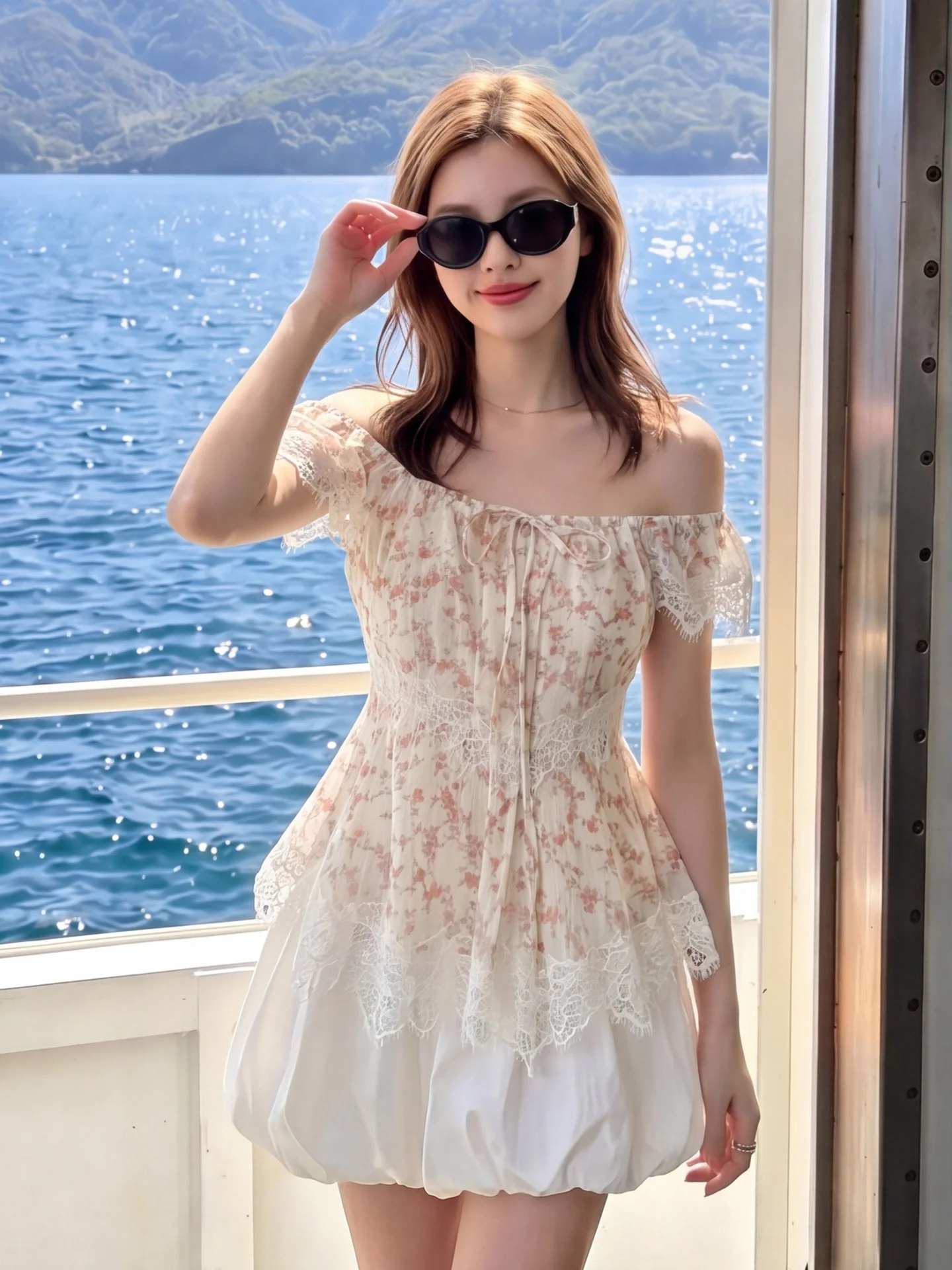 

Stylish Floral Lace Splice One Shoulder Shirt Women Summer Sweet Anti Aging Super Beautiful Top French Style Slim Fit Short S...