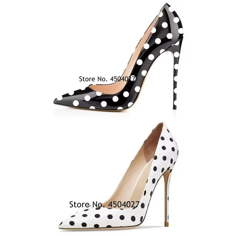 Black/White Polka Dots Patent Leather High Heels 12cm 10cm 8cm Stiletto Pointy Toe Classy Slip-on Shallow Pumps