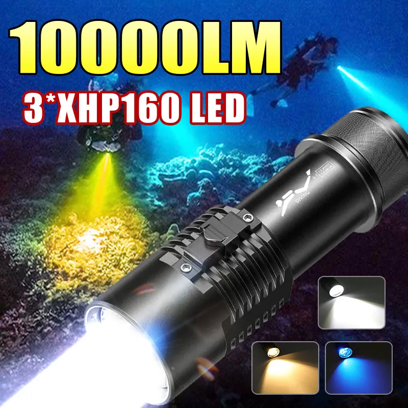 Newest 10000LM LED Diving Flashlight IPX8 Waterproof Diving Torch XHP160 Underwater Lantern 800M Scuba Flashlight Aluminum Lamp