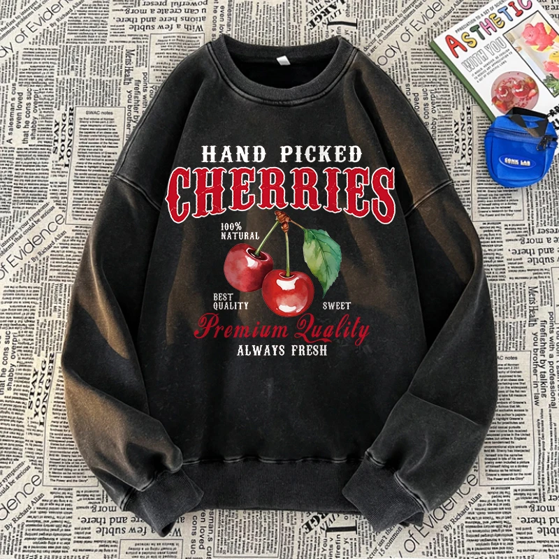 Hand Picked Cherries Washed Sweatshirt Womens Fresh Fruits Prints Clothes Oversize O-Neck Cotton Hoodies Winter Warm Womans Tops