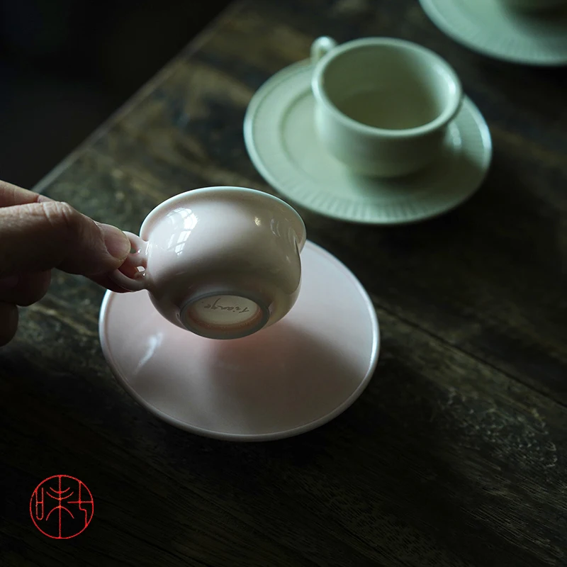 

New Tianye Cute Teacup Bellflower Design 30cc with Handle in Two Colors Grass Ash And Porcelain Handmade Ceramic Tea Set