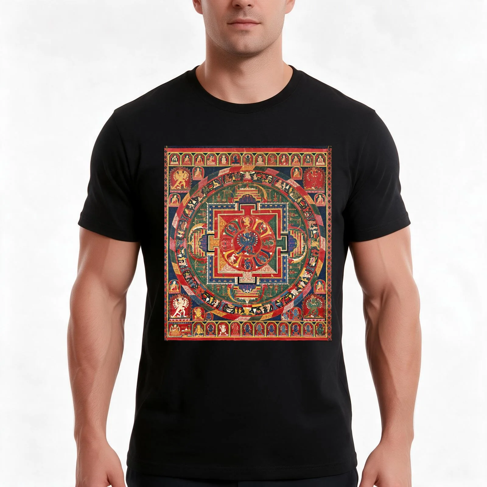 Mandala 97 Shri Hevajra Nine Deity T-Shirt, Summer Casual Cotton Tee, Oversized Streetwear Tops, Vintage Graphic Print