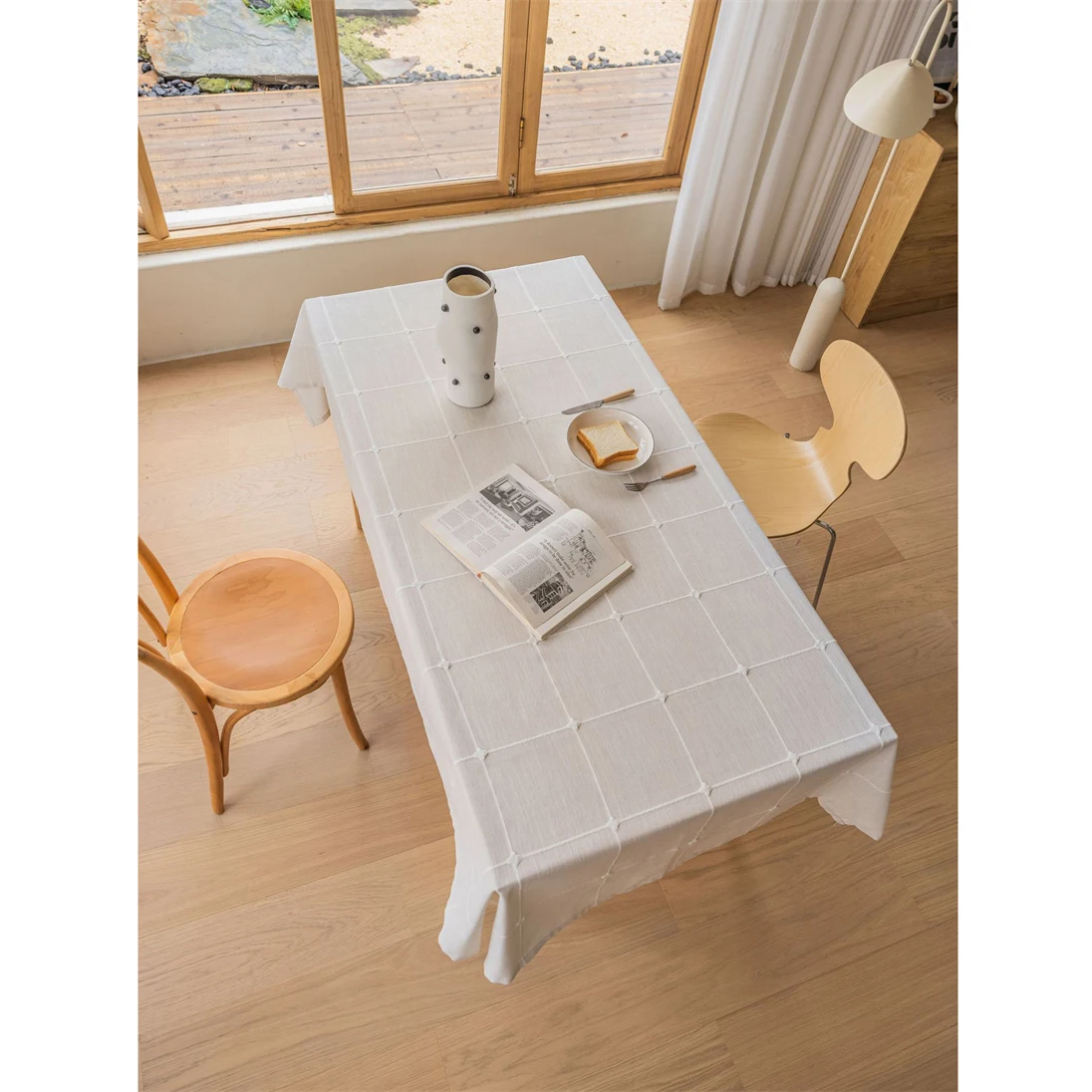 White Large Rectangle Embroidery Solid Tablecloth Cotton Linen Blend Dust-Proof Table Cover for Kitchen Dinning Tabletop Decor