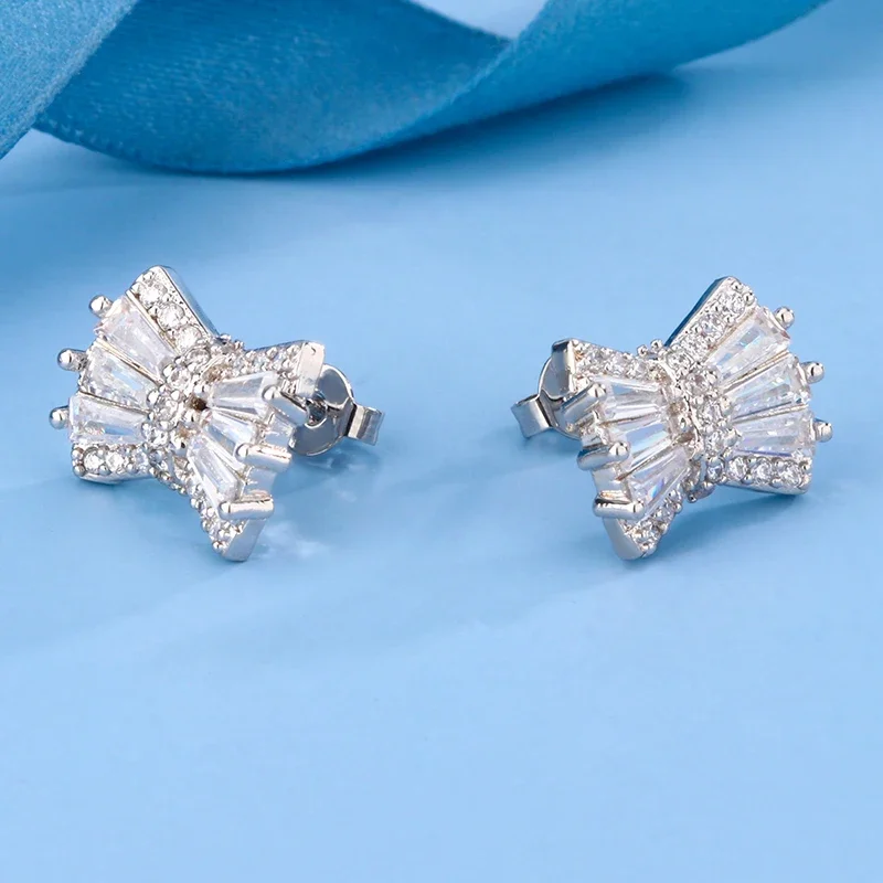 New Delicate Bow Earrings Super Shiny AAAA Full Diamond Zircon Ladies High Fashion Jewelry 925 Silver Birthday Gift