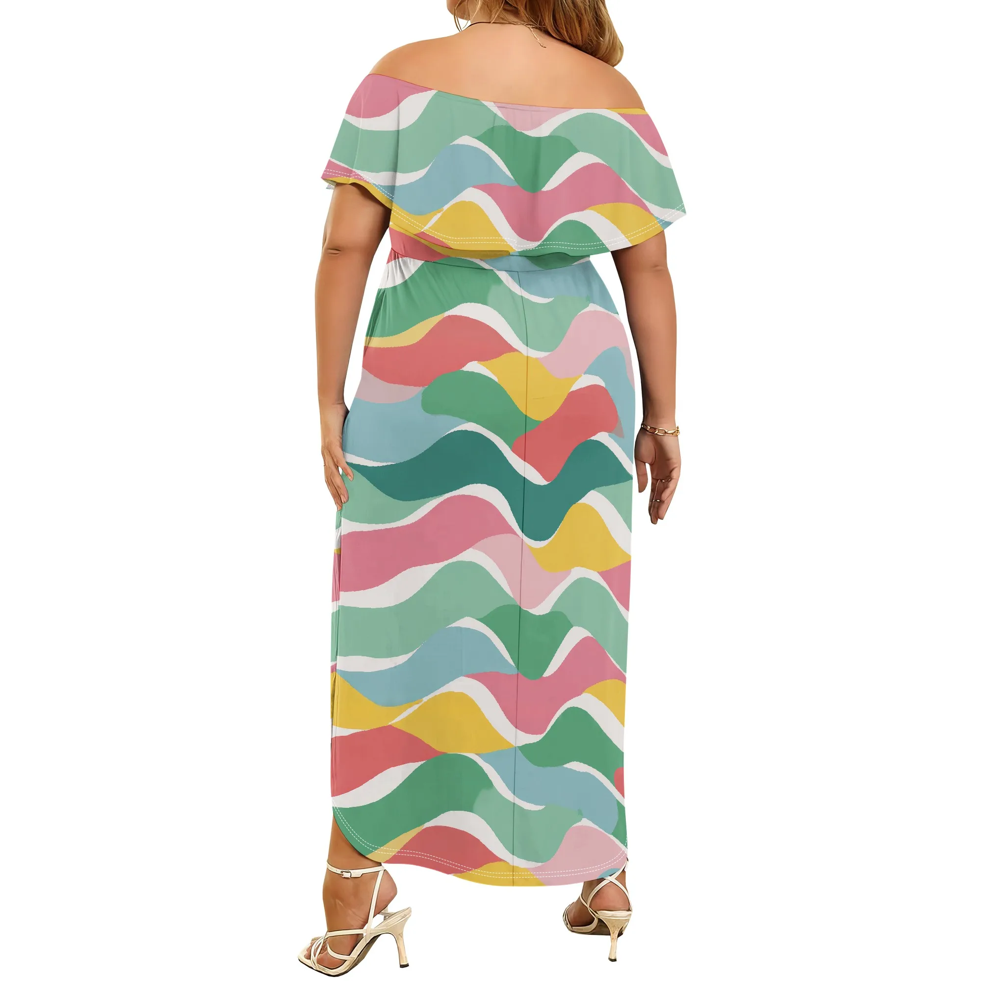 ผู้หญิง Ruffle ดอกไม้ Maxi ฤดูร้อนปิดไหล่แขนสั้น Backless Flounce Bodice Slit Hem Beach Dresses