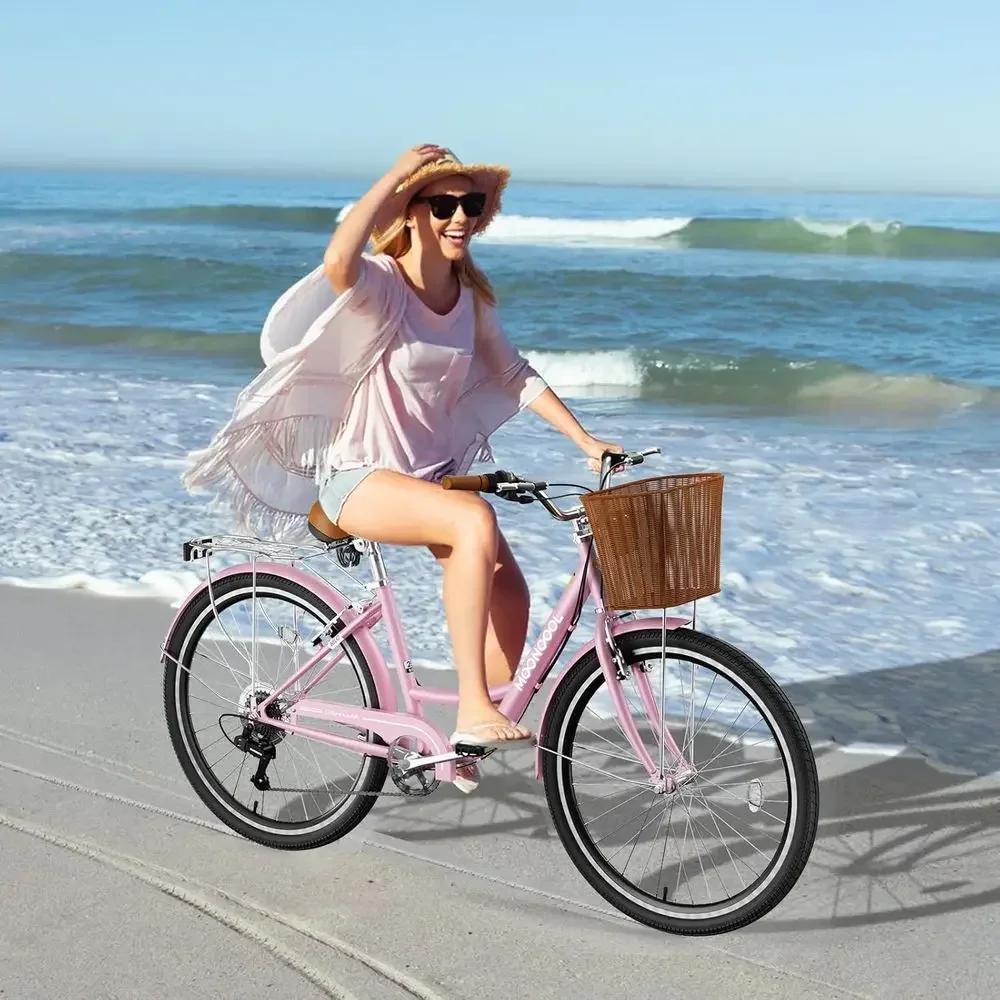 Women's 24-26 Inch Comfort Cruiser Bike with Rattan Basket and Rack, Ideal for City Commuting and Leisure Rides