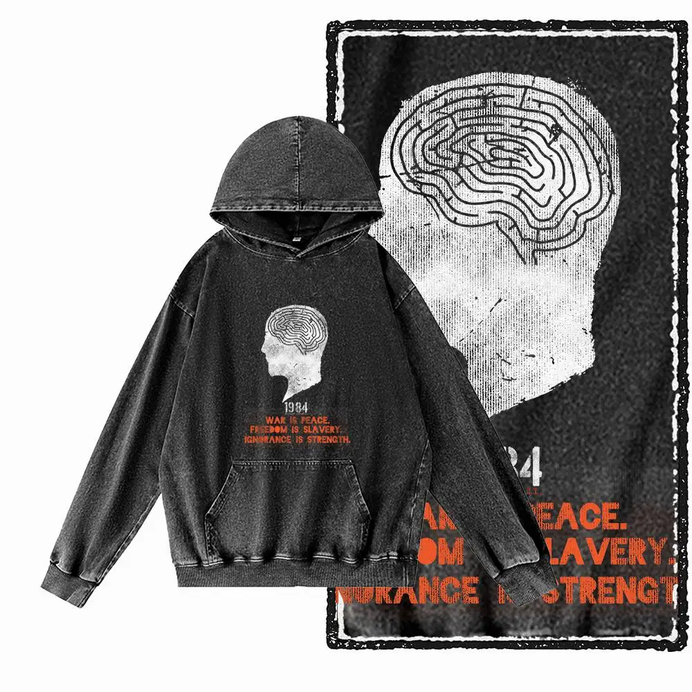 G02 حمض غسلها القطن الأسود حجم كبير 1984 جرافيك الرجال هوديس |    سترة بغطاء للرأس للرجال برقبة دائرية رائعة من Streetwear