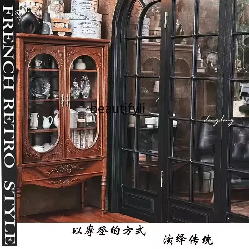 French retro solid wood wine cabinet antique kitchen dining side bookcase storage   cabinet  H