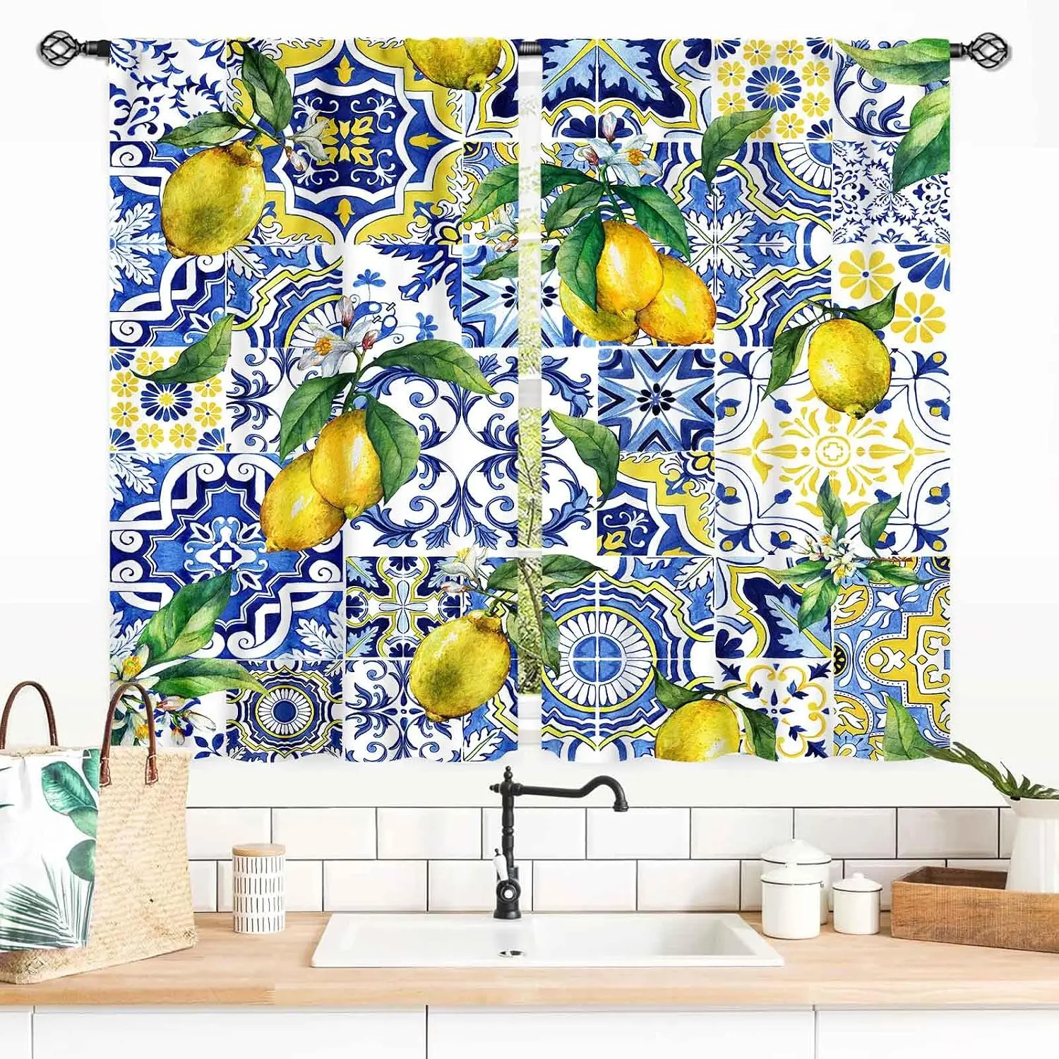 Watercolor Lemon Branch Azulejo Tile Blackout Rod Pocket Curtain Yellow Blue Floral Decor Farmhouse Kitchen Rest Bay Window