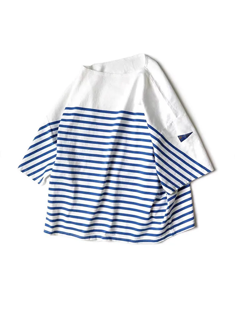 22SS KAPITAL Hirata Kazuhiro Blue and White Stripe Color Blocked Three Flag Five Sleeve Round Neck Loose Short Sleeve T-shirt