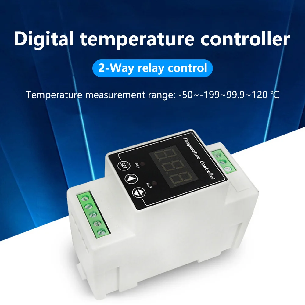 AC100V-240V/DC8V-24V Din Rail Thermostat 2 Way Relay Output Digital Temperature Alarm Controller Cooling Heating Switch