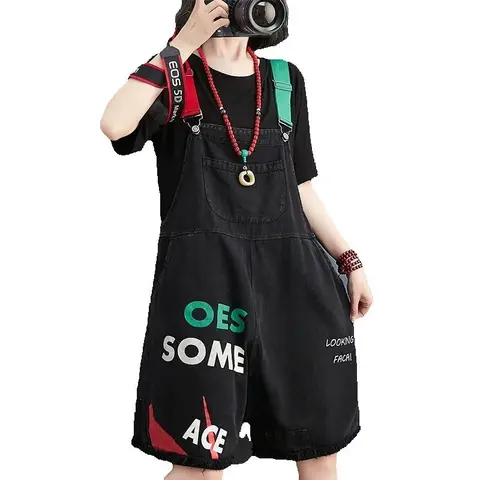 Large Size Letter Printed Jeans Jumpsuit Women New Summer Korean Loose Casual Rompers Wide Leg Denim Short Pants Overalls Pants