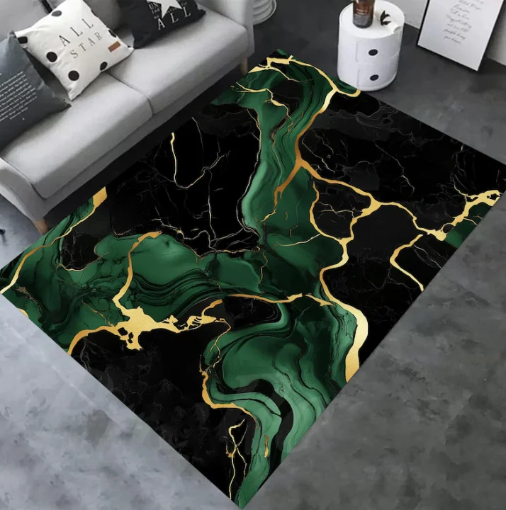 Grün-Goldener Marmor-Teppich Wohnungsdekoration Schwarzer Marmor-Teppich mit Goldadern Dekor-Matte Wohnzimmer Schlafzimmer Rutschfester Langlebiger Teppich