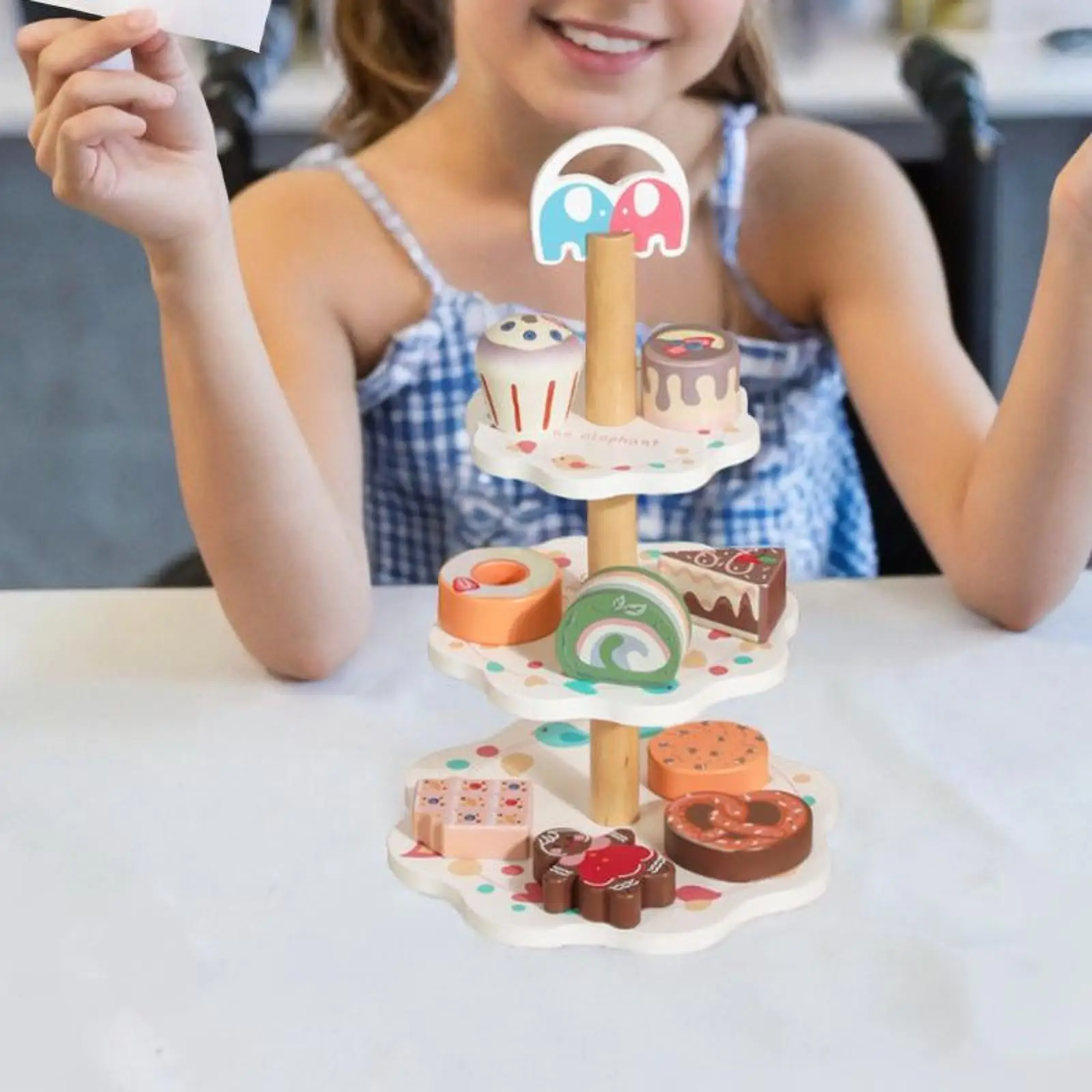 Juego de soporte de postre de madera, juego de fiesta de té para niñas pequeñas y niños