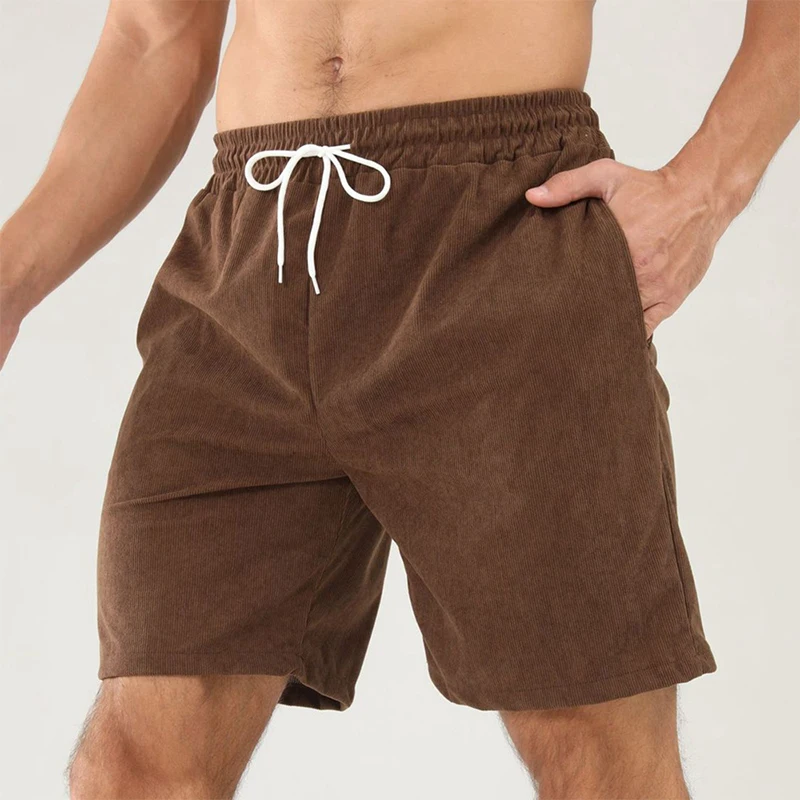 02Men's summer casual shorts featuring a solid color design with lace-up closure, sport running stripes, and straight-leg fit.