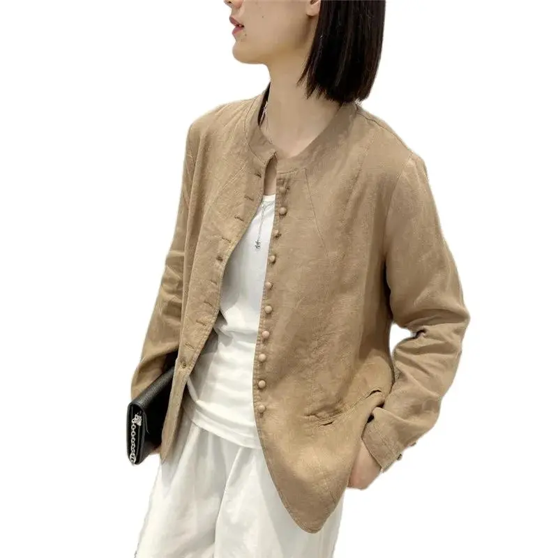 Fashion Cotton Linen Suit Jacket 2024 New Spring Autumn Thin Suit Coat Retro Chinese Style Women‘s Outerwear Casaco Feminino