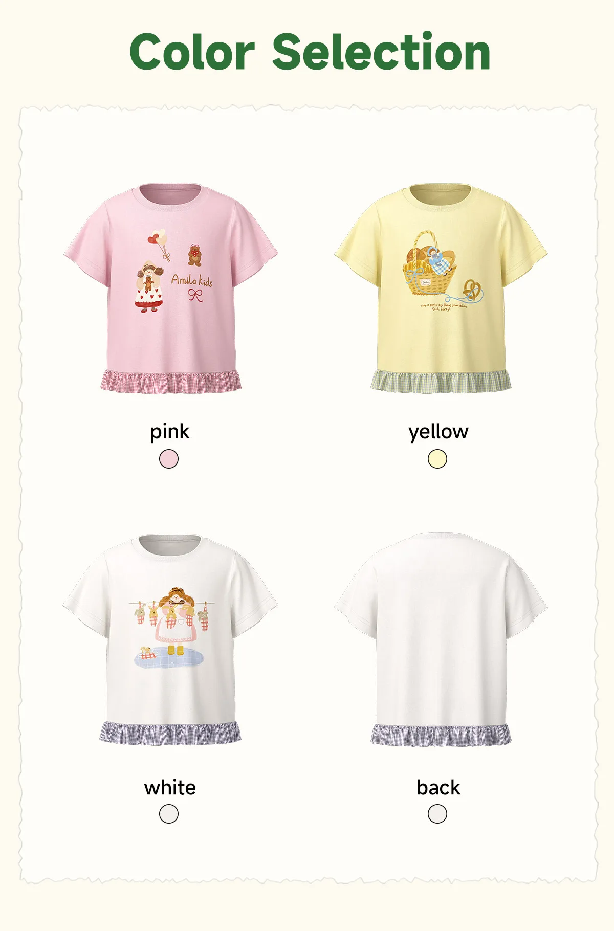 Amila 2026 Sommer-T-Shirt für Mädchen im neuen Stil mit kindlichen Illustrationen, kariertem Muster, Rüschensaum und coolen kurzen Ärmeln – Detail 7