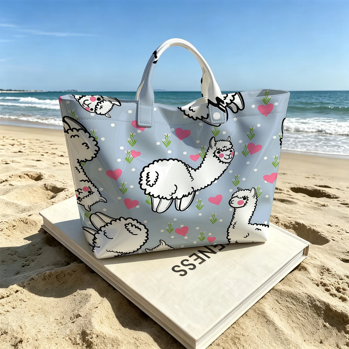 Llama Pattern Cute Large Glossy PVC Tote Bag Hand Washable Lightweight Soft Great for Travel Commute Makeup Storage Handbags