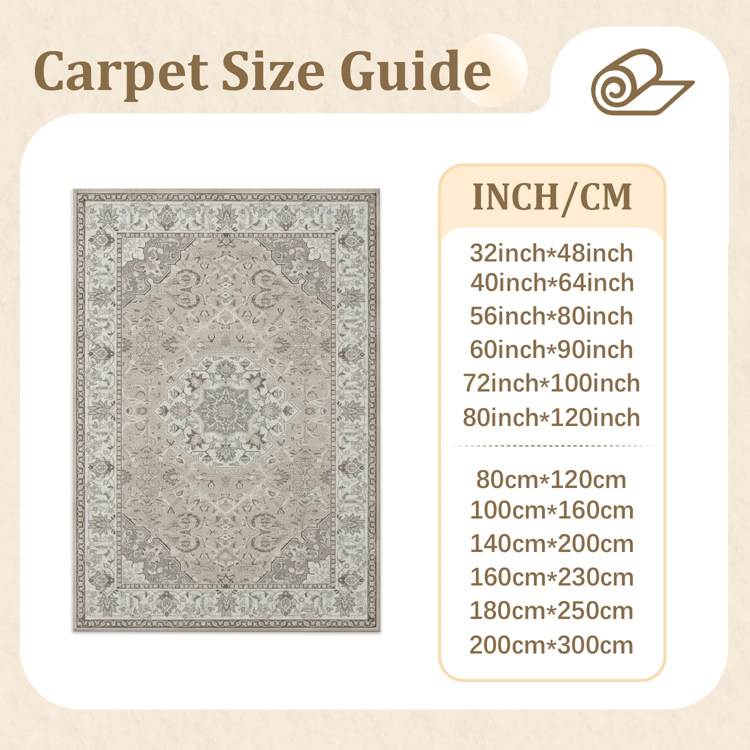 Large Indoor Area Rug, Soft Velvet Low Pile, Non-slip Dotted Backing, Machine Washable Vintage Persian Medallion Rug in Neutral Gray Beige for Living Room, Bedroom Home Decor
