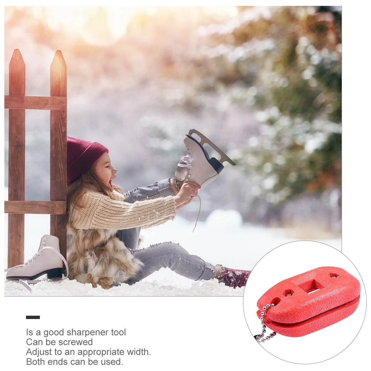 White Sandstone Ice Skate Sharpener Red Portable Hockey Skating Tool Adjustable Both Ends Key Chain Carry Chains Included
